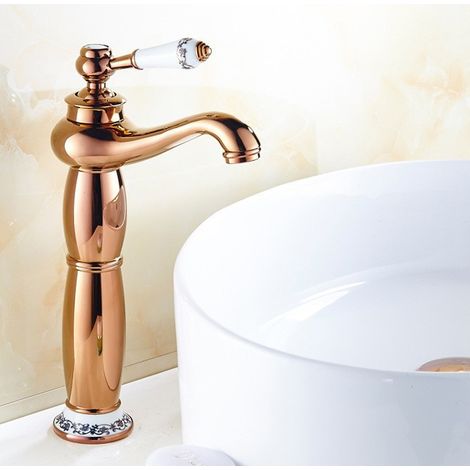 Robinet d'eau chaude et froide en laiton antique - tout cuivre - robinet de salle de bain luxueux en porcelaine bleue et blanche - or rose (1/5)