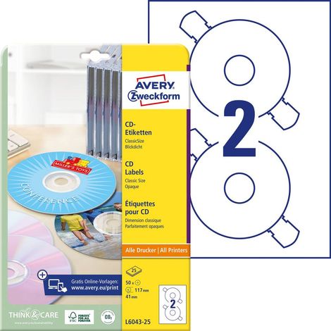 Avery Zweckform CD/DVD-Etikett L6043-25 117mm weiß 50 St./Pack. (1/4)