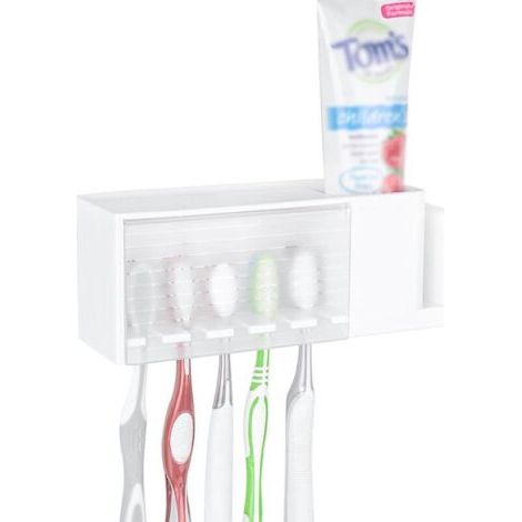 Pair Lntyq Porte-Brosse à Dents Autocollant Multifonctionnel, Porte-Brosse à Dents Mural avec Couvercle, Boîte de Rangement de Dentifrice et Brosse à Dents pour Salle de Bain (Blanc) (1/5)