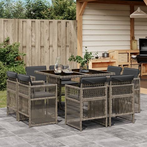 Set comedor jardín 9 pzas y cojines ratán sintético gris vidaXL (1/5)