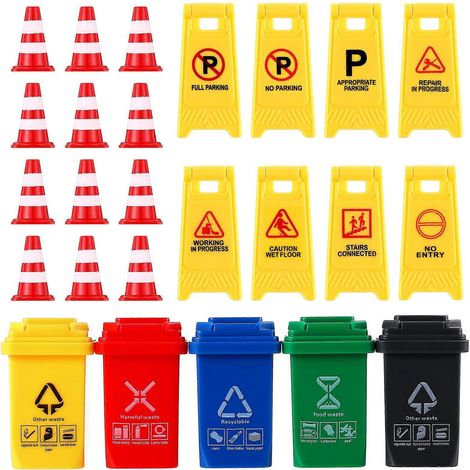 Lot de 25 panneaux de signalisation, cônes et poubelles miniatures pour enfants.-2.5x4cm (1/3)