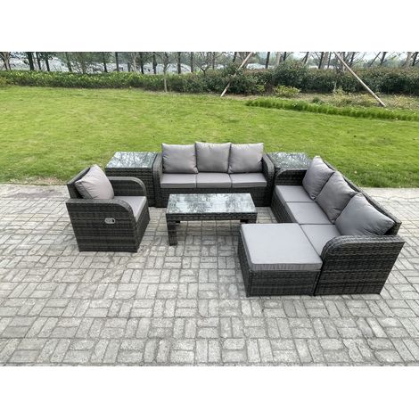 Fimous 8 places Ensemble de canapés en rotin Salon de jardin avec Table basse rectangulaire Grand tabouret Canapé 3 places 2 Tables d'appoint Gris foncé mixte (1/5)