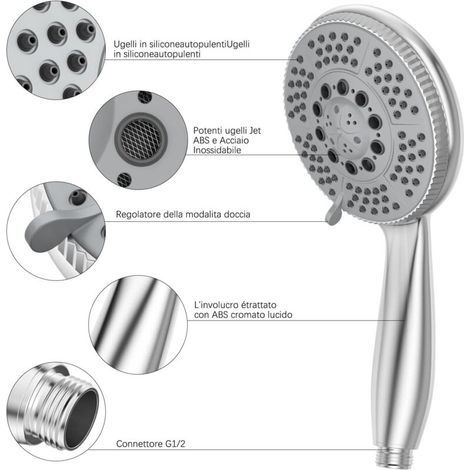 Pommeau de douche + 1,5 m flexible douche en acier tube, 5 fonctions jet de douche multifonction à haute pression, ABS chromé Pulvérisateur douche anti-calcaire pommeau avec buse Argenté (1/3)