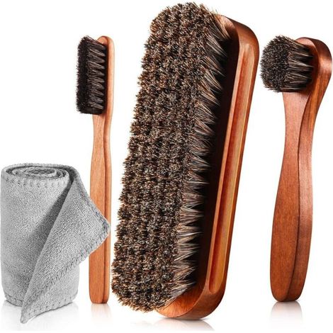 Kit de nettoyage et d'entretien du cuir haut de gamme : 4 pièces, applicateurs 100 % crin de cheval, brosses à lustrer et chiffon en microfibre pour chaussures, bottes, sacs en cuir et en daim, voitur (1/4)