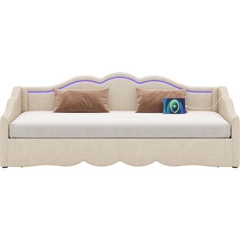 CHICFURN Cama nido extensible 90x200 cm a 180x200 cm con LED, USB y USB-C, tapizada en terciopelo beige, para dormitorio infantil y juvenil, sin colchón (1/5)