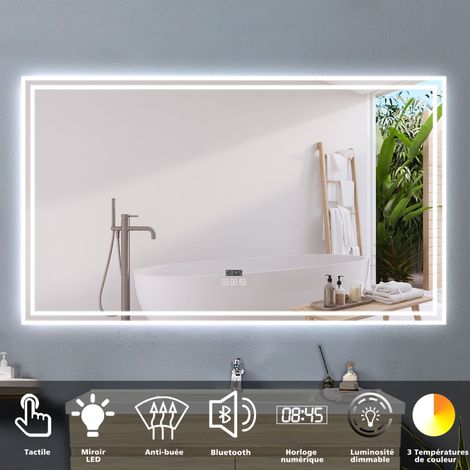 Océan 140x80cm miroir lumineux de salle de bain regtanglaire avec Bluetooth, 3 Couleurs et Horloge (1/5)