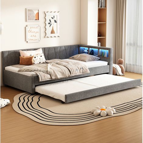Letto bambini 90x200 cm con letto aggiuntivo 90x190 cm, divano letto, porte USB-Type-C, illuminazione LED con telecomando, rete a doghe, senza materasso, grigio (1/5)