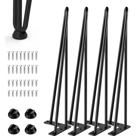 Lot de 4 pieds de table en épingle à cheveux - 3 barres - Pieds de meubles en métal avec protection de sol - Hauteur : 40 cm - Pour tables basses, tables basses, bureaux, tables à manger