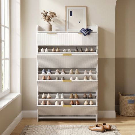 Meuble à chaussures, 3 rabats 2 tiroirs, grande capacité, façade rainurée élégante pour entrée, style moderne scandinave(77.1x24.2x133.5cm, Blanc) (1/5)