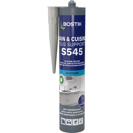 Bostik S545 – Mastic Silicone Bain et Cuisine – Jointe Tous Matériaux – Traité Anti-Moisissures – Conservation Longue Durée – Couleur : Gris Béton – Cartouche 300 ml