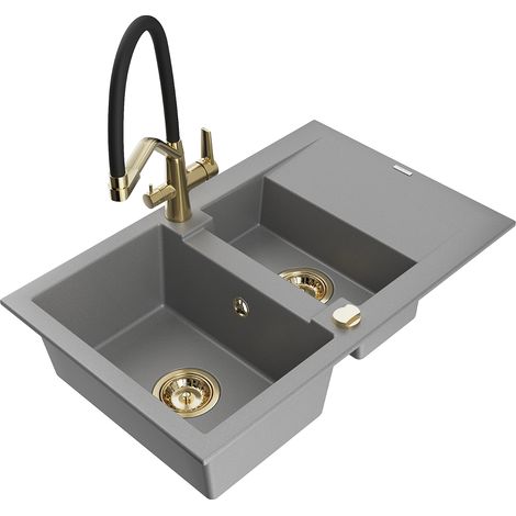 Mexen Gaspar évier en granit 1,5 cuve avec égouttoir et robinet de cuisine Duo, gris - 6507-71-671701-57-G (1/5)