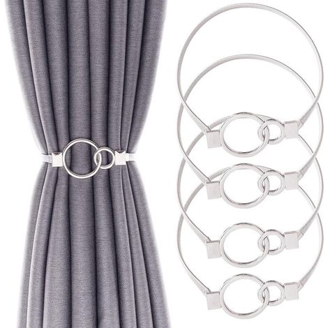 Set mit 4 federbelasteten Raffhaltern aus Aluminiumlegierung, moderne und schlichte Gardinenbefestigungen (silberner Ring) (1/4)