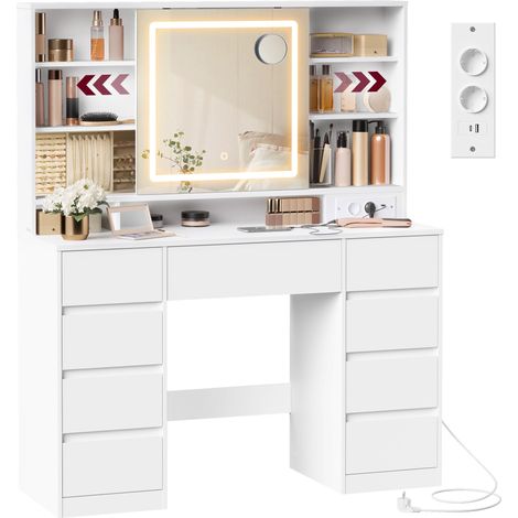 Coiffeuse avec Miroir LED, Multiprise, 9 Tiroirs, Loupe 10x, Rangement Bijoux, Éclairage 3 Couleurs, Installation des Rails sans Outils, Blanc Nuage (1/5)