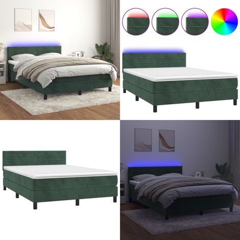 Sommier à lattes de lit avec matelas LED Vert foncé 140x190 cm - Lit Plateforme - Lit Design - Lit Capitonné - Lit Velours - Lit Avec Rangement - Home & Living (1/5)