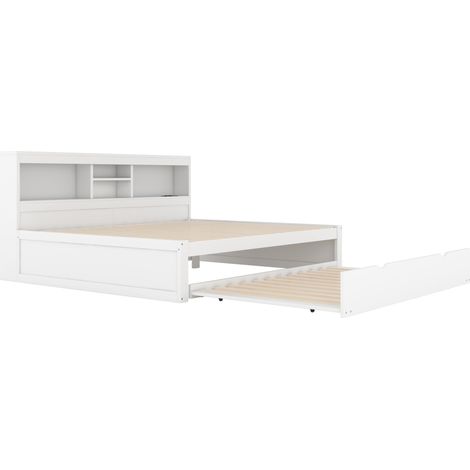 Cama de día 140 x 200 cm blanca con cajón, LED, almacenamiento lateral, enchufe y USB, sin colchón (1/5)