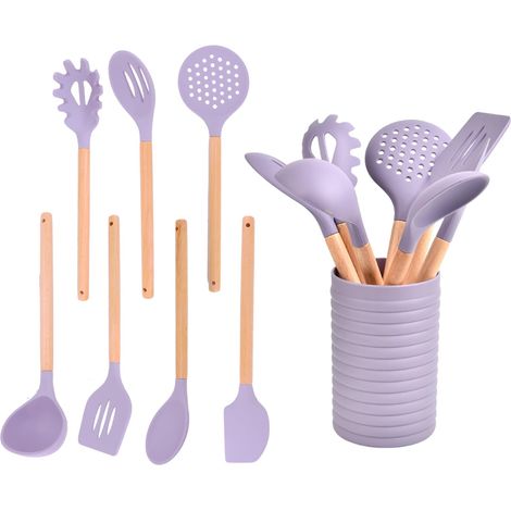 Ensemble d'ustensiles de cuisine avec support, 8 ustensiles de cuisine en silicone résistant à la chaleur avec poignées en bois, ustensiles de cuisine antiadhésifs, passe au lave-vaisselle (1/5)