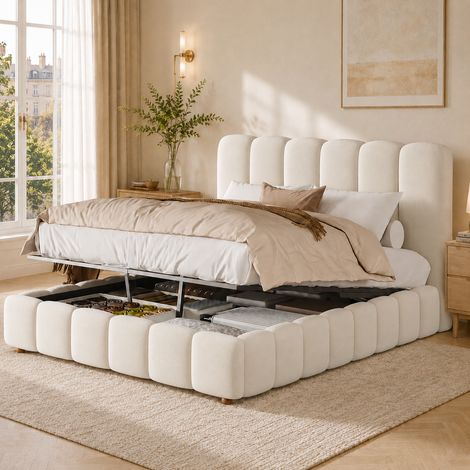 Cama tapizada 140 x 190 cm con almacenaje hidráulico, somier y terciopelo beige OKWISH (1/5)