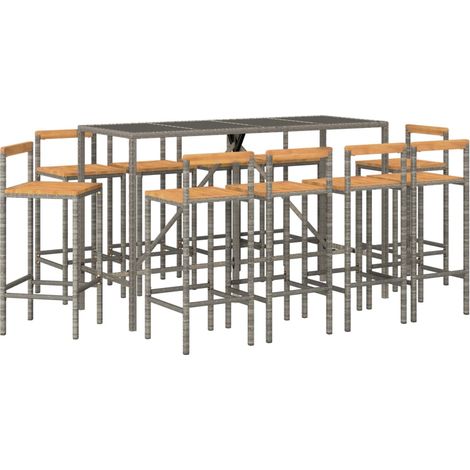 Set bar da giardino mobili da esterno terrazza 11 pezzi polyrattan grigio/legno massiccio di acacia 020013471