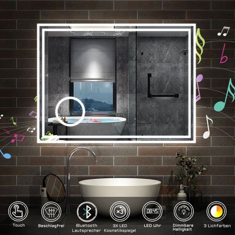 80 x 60 cm LED+Beschlagfrei+Bluetooth+Uhr+3 Lichtfarben Dimmbar+Kosmetikspiegel (1/5)