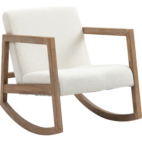 Fauteuil à bascule relax en bois d'hévéa, chaise à bascule revêtement teddy blanc crème pour salon chambre bureau (1/5)