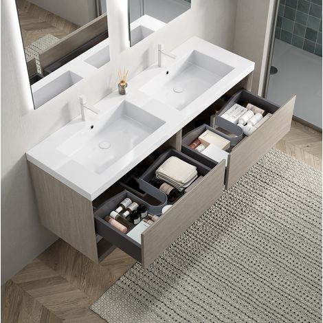 Meuble de salle de bain suspendu 140 cm avec double vasque en résine blanc et chêne clair (1/5)