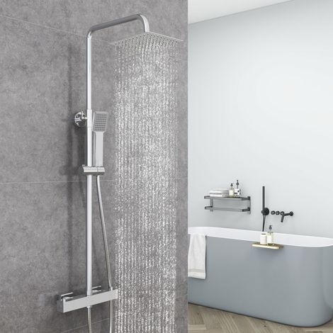 Aica Sanitaire – Colonne de douche thermostatique avec mitigeur – Pomme de douche carrée 20x20 cm – Hauteur réglable 735-1170 mm – Acier inoxydable antirouille (1/5)