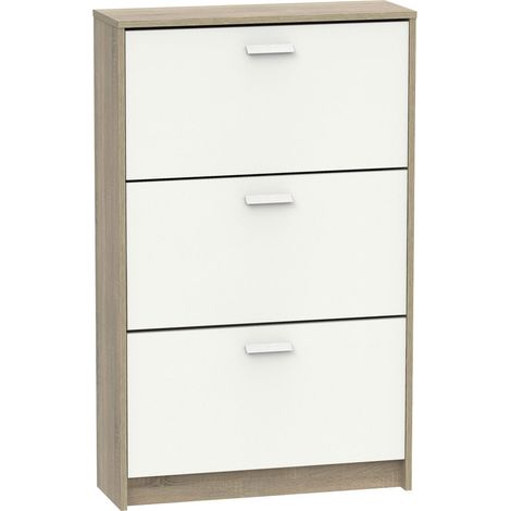 Meuble à chaussures de 3 portes, 18 paires coloris Blanc/Chêne cambrien - Longueur 74 x Profondeur 25 x Hauteur 119,5 cm (1/5)