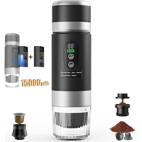 Machine à Café Portable 3 en 1 avec 15000mAh Batterie Amovible Rechargeable, Pression 20 Bar, Cafetière Portable Machine à Café Expresso, Auto-Chauffage, Écran Digital, Compatible Capsules Café Moulu (1/5)