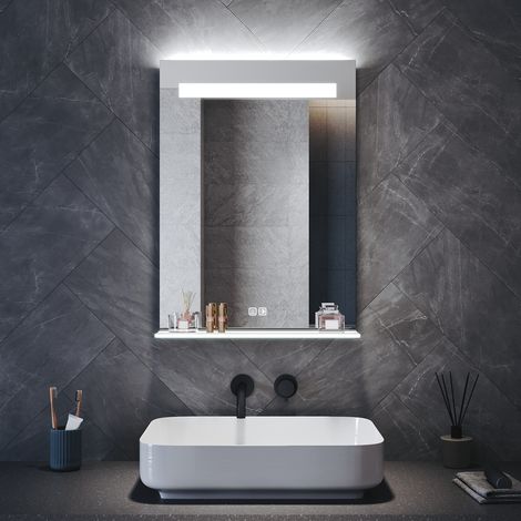 SONNI Wandspiegel LED Badezimmerspiegel mit Beleuchteter Ablage, Quadrat Badspiegel mit Beleuchtung 3 Lichtfarben Rasiersteckdose Anti-Beschlag, 800 x 650 mm