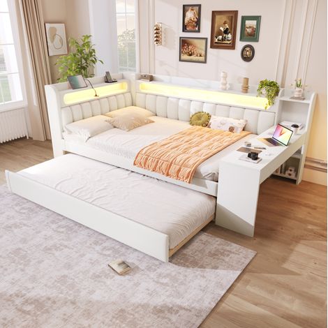 Letto matrimoniale 140x200 con LED, USB e scrittoio DESVIAE (1/5)