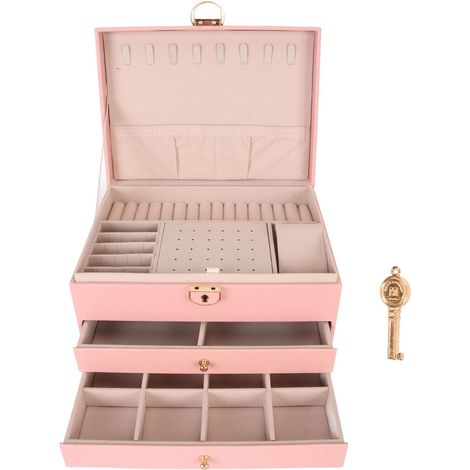Boîte à Bijoux en Simili Cuir Rose avec 2 Tiroirs pour Collier et Boucles d'Oreilles - Organisateur de Bijoux pour Femmes (1/5)