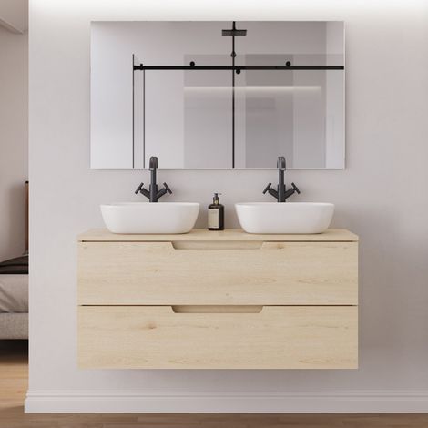 Meuble de salle de bain 120cm avec plateau et 2 vasques à poser arrondies - 2 tiroirs - roble calima (bois clair) - SONRIZA (1/5)