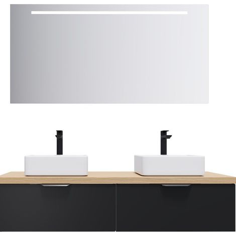 Meuble de salle de bain suspendu 2 vasques à poser 140cm 2 tiroirs Noir + miroir - Soho (1/5)
