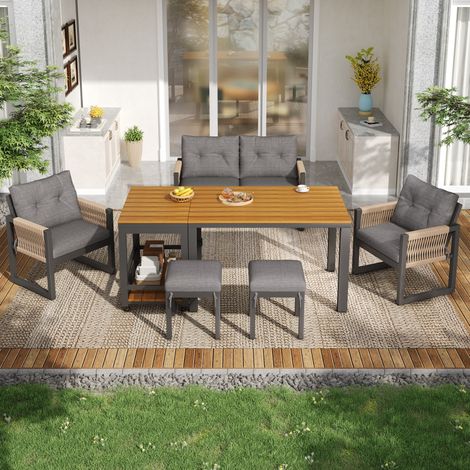 Conjunto de muebles de jardín de hierro gris y natural con sofá de 2 plazas, 2 sillones, 2 taburetes, mesa desmontable y cojines (1/5)