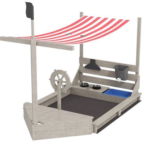 Sandkasten Sandkiste groß mit Abdeckung im Schiff Design Matschekiste aus Holz Segelschiff Spielhaus mit Küchenspielset Aufbewahrung für Kinder 3-7 Jahre Grau 180 x 103 x 144,5 cm Aosom