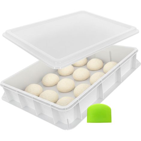 Relaxdays pizza dough box with lid, HxWxD: 13 x 60 x 40 cm, plastic, stackable, with dough scraper, white
