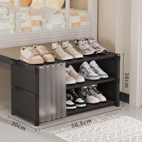Meuble à chaussures, Armoire à chaussures simple à trois niveaux avec rideau de porte - Noir (1/3)