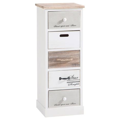 Idimex – Chiffonnier blanc shabby chic 5 tiroirs – Bois paulownia lasuré – Dimensions 77 x 29 x 27 cm (H x L x P) – Rangement décoratif