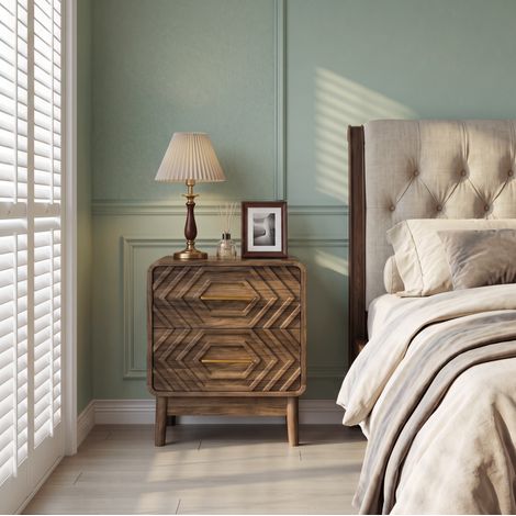 Mesita de noche 48x38x56 cm MDF marrón nogal 2 cajones dormitorio - CHICFURN (1/5)