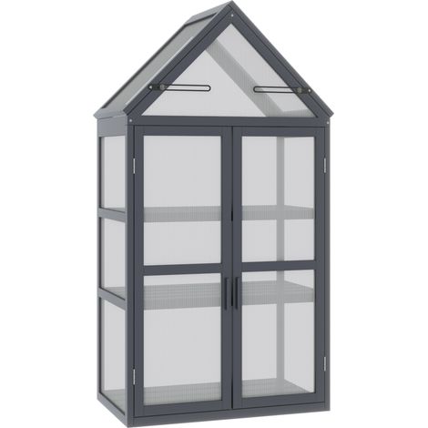 Mini serre de jardin 3 étagères en bois avec toits ouvrants et double porte 70,5 x 42 x 132 cm (1/5)