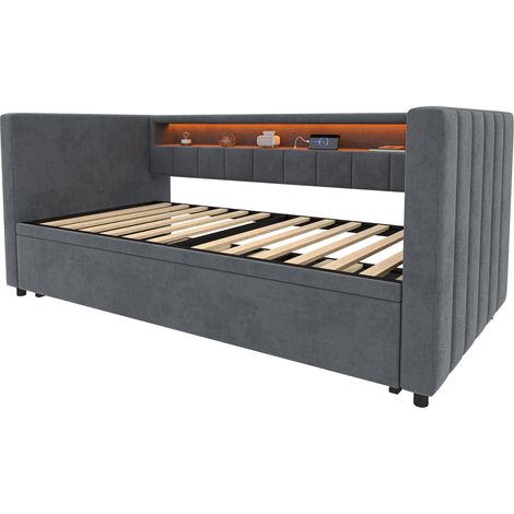Sofá cama extensible de terciopelo gris 90x190 cm con LED, USB-C y almacenaje HOMVRA (1/5)