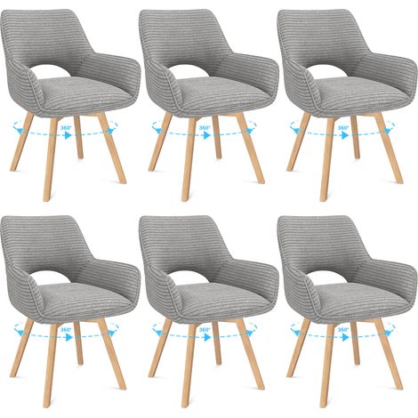 LEWE Lot de 6 Chaises de Salle à Manger, Fauteuil Pivotantes avec Accoudoirs,Rembourrées avec Dossier en Velours,Bois Pied,Gris (1/5)
