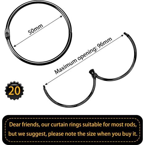 Set mit 20 Gardinenringen – 50 mm – Runde Ringe – Metallclips für Gardinen und Gardinenstangen – Schwarz (1/5)