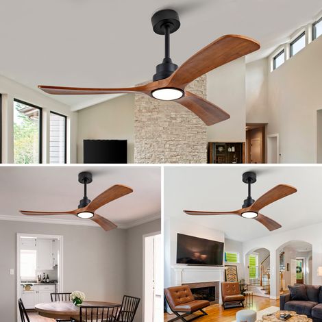 Ventilador de techo de 132 cm con luz, 3 palas de madera nogal, mando a distancia, negro (1/5)