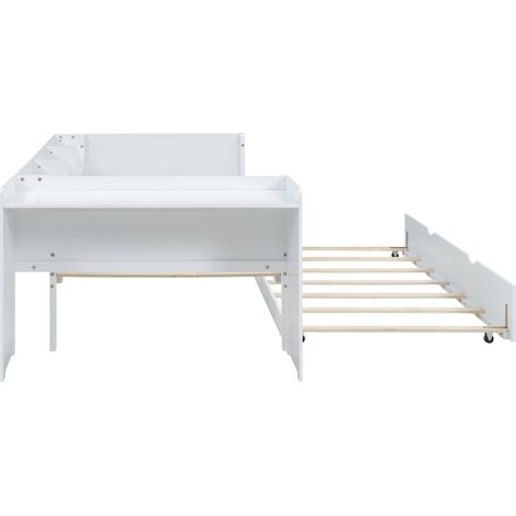 Cama infantil 90 x 200 cm con cama nido, escritorio integrado y 3 estantes laterales, blanco (1/5)