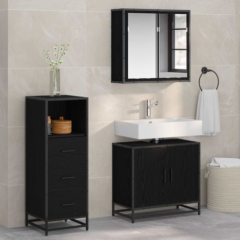 Juego de muebles de baño 3 pcs Roble Negro Madera de ingeniería