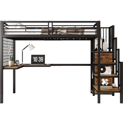 Cama Alta 90 x 200 Cm Con Escalera Lateral, Armario Y Escritorio, Sin Colchón, De Metal Y MDF, Negro Y Nogal Oscuro (1/5)