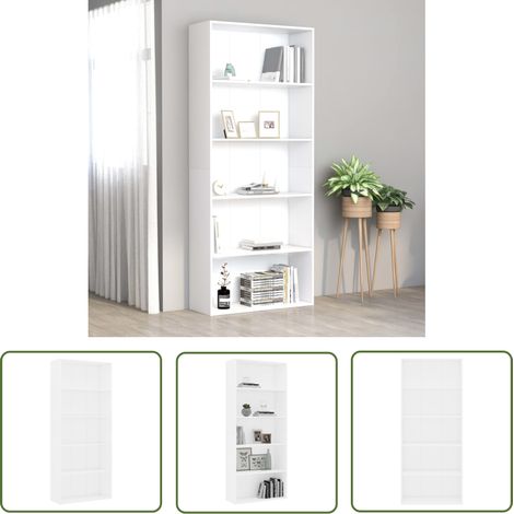 The Living Store Bibliothèque à 5 niveaux Blanc 80x30x189 cm Bois d'ingénierie - Bibliothèque Blanche - Bibliothèque Design - Bibliothèque Moderne - Bibliothèque Murale - Étagère Ouverte (1/5)