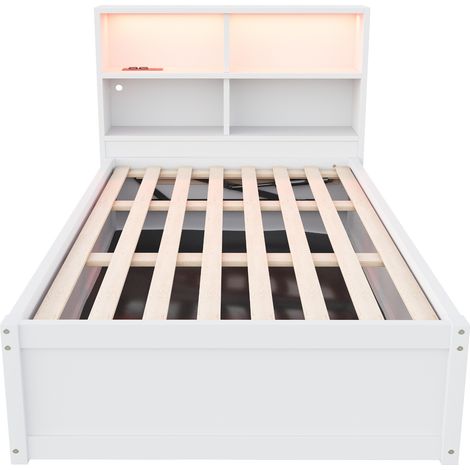 Canapé-lit 90200, avec prise multiple et plusieurs compartiments de rangement, avec bande lumineuse, lit hydraulique, lit en bois massif, lit simple, lit multifonction en bois, blanc. (1/5)