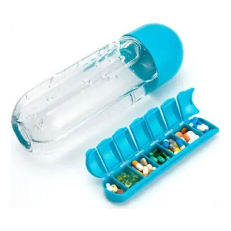 Bouteille d'eau de sport avec insert Organisateur de boîte quotidienne de 7 jours Verre à boire de qualité alimentaire de qualité médicale Bleu (1/4)